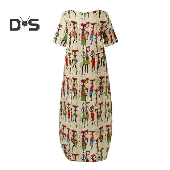 Women's Summer Casual Maxi Dress Loose Short Sleeve Crew Neck Long Dress Beach Ethnic Printed Sundresses