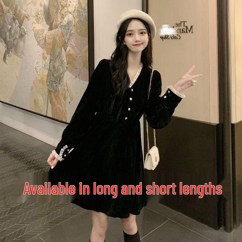 2025 Spring Women's Black Long Sleeve Slimming Dress