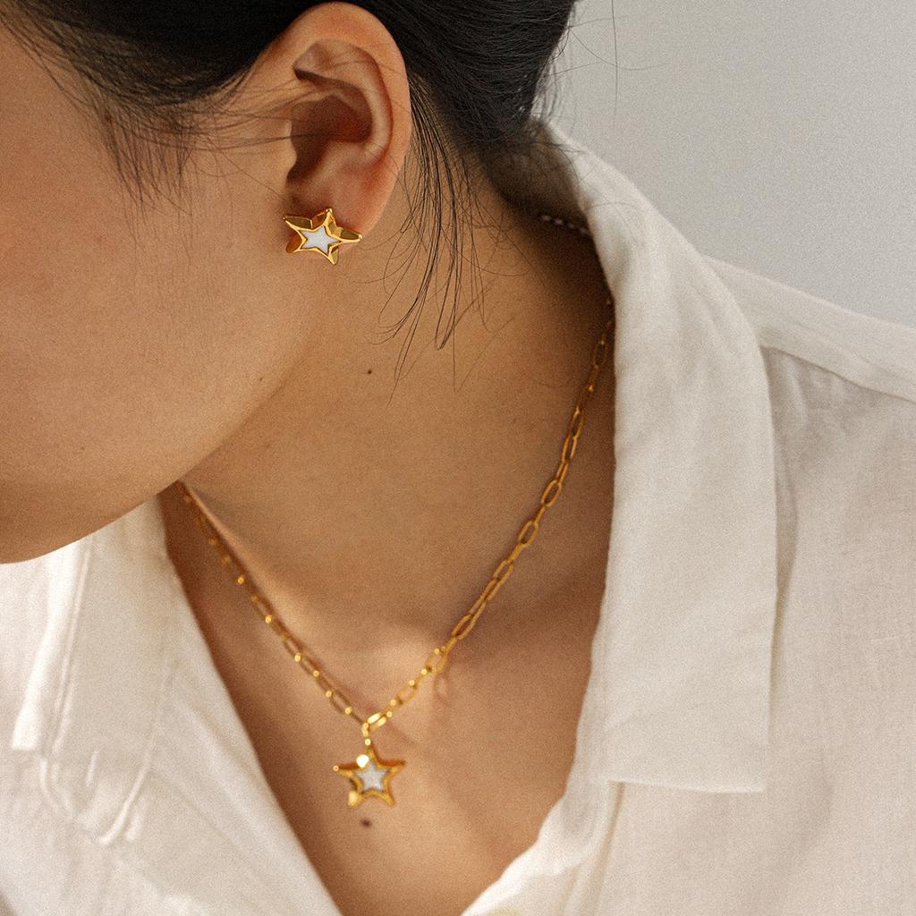 Dripping Star Earrings And Five Point Star Necklace Set For Women Small Unique Design Long Lasting Matching Jewelry