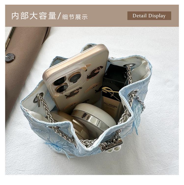 Butterfly Embroidery Ladies Bucket Shoulder Bags Vintage Flower Female Handbags Pearl Chain Women's Portable Crossbody Bags