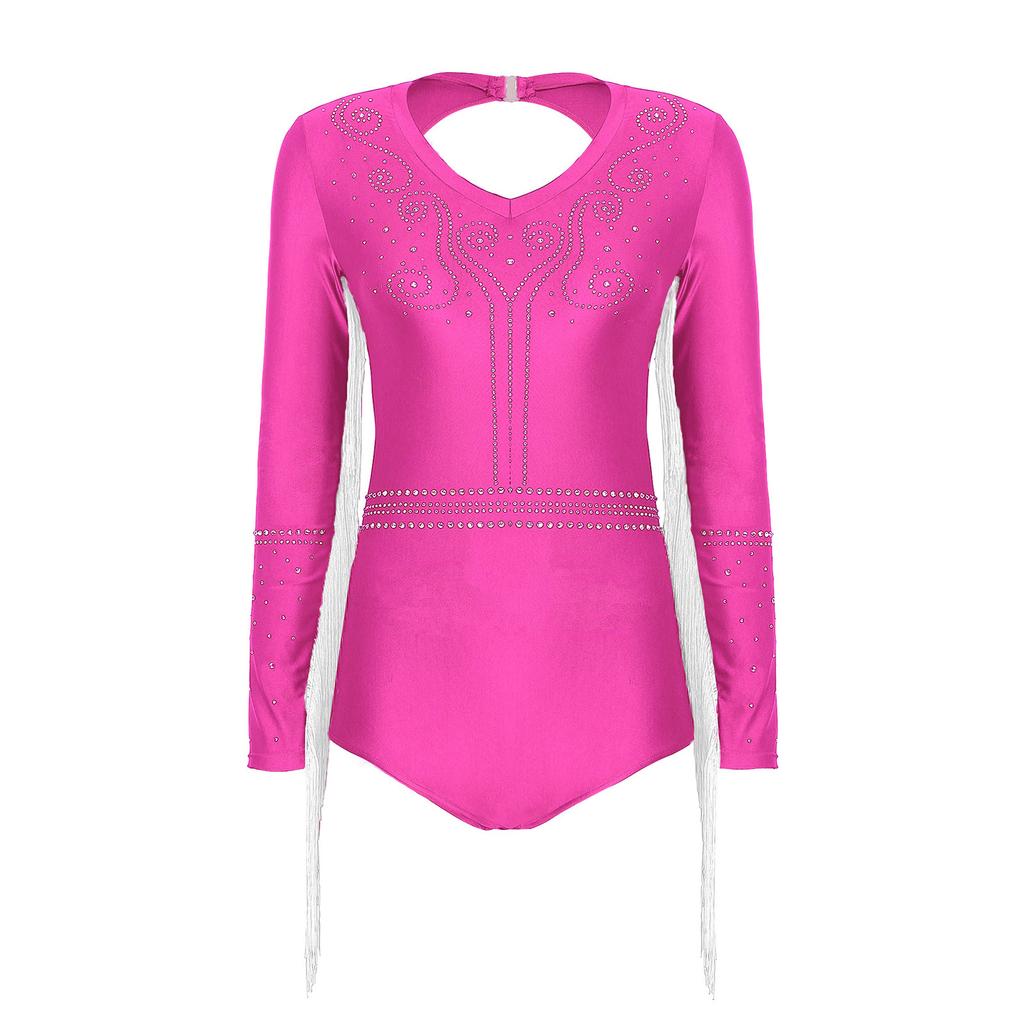 Womens Latin Dance Costume Shiny Rhinestone Tassel Leotard V Neck Long Sleeve Cutout Back Bodysuit for Tango