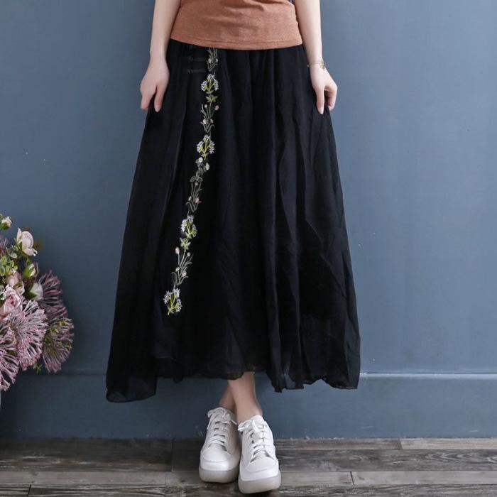 2024 Summer Women's Fairy Hanfu Dress with Embroidery and Frog Buttons - Retro Chiffon Midi Skirt.