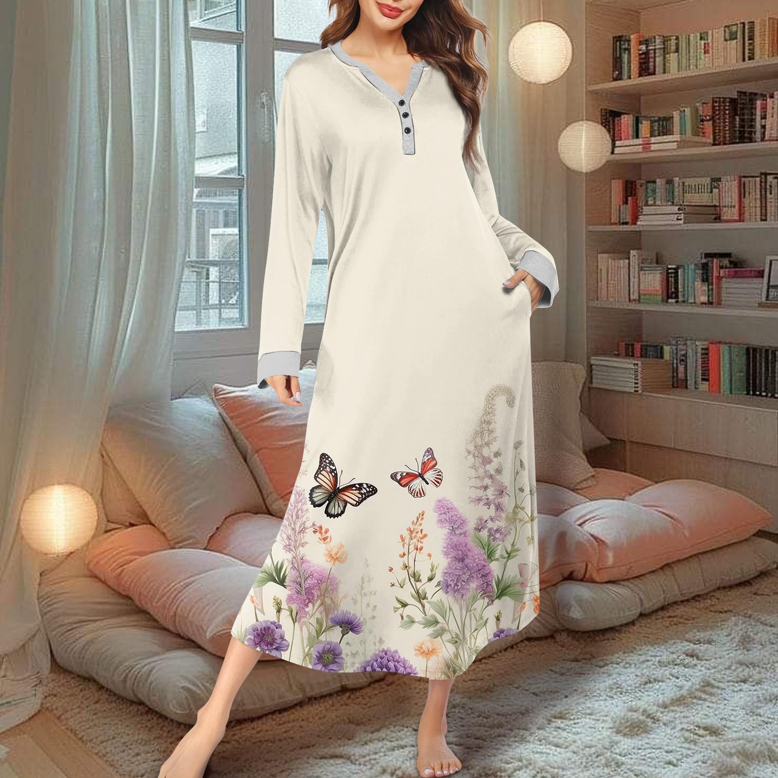 

Женская ночная рубашка, модный принт, длинный домашний халат, пижама с V-образным вырезом и карманами, платье XXXXL