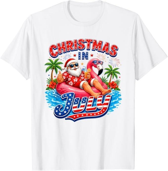Christmas in July Santa Flamingo Summer Graphic T-Shirt