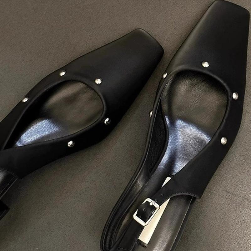 Fashion Spring and Summer Baotou Sandals Women's New Square Toe Shallow Mouth Rivet Back Trip Buckle Strap Block Heel Kitten Heel Shoes
