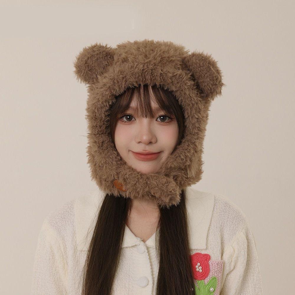 Ear Protection Hat Bear Ears Hat Winter Cap Winter Plush Hat Personality Bib Hat  Winter/Autumn