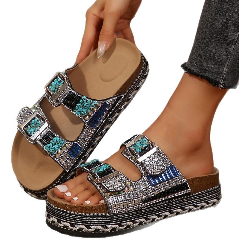 Hot-selling muffin thick-bottomed cool slippers women's summer new belt buckle rhinestone slippers