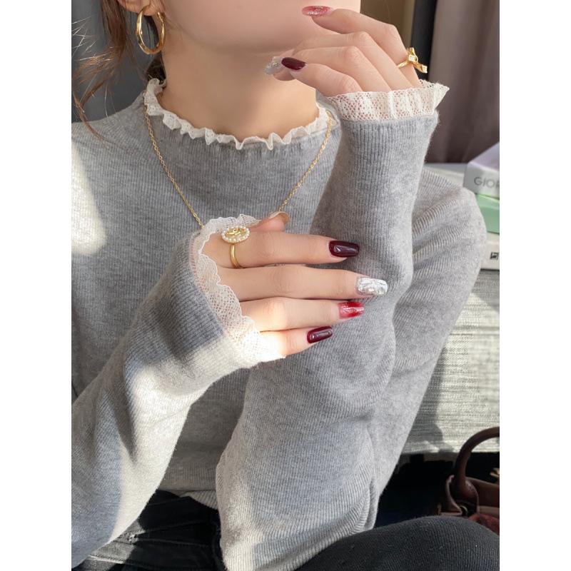 

Французский стиль кружевная вставка полувысокий воротник белый вязаный базовый свитер топ для женской осени и зимы приталенный внутренний свитер One Size