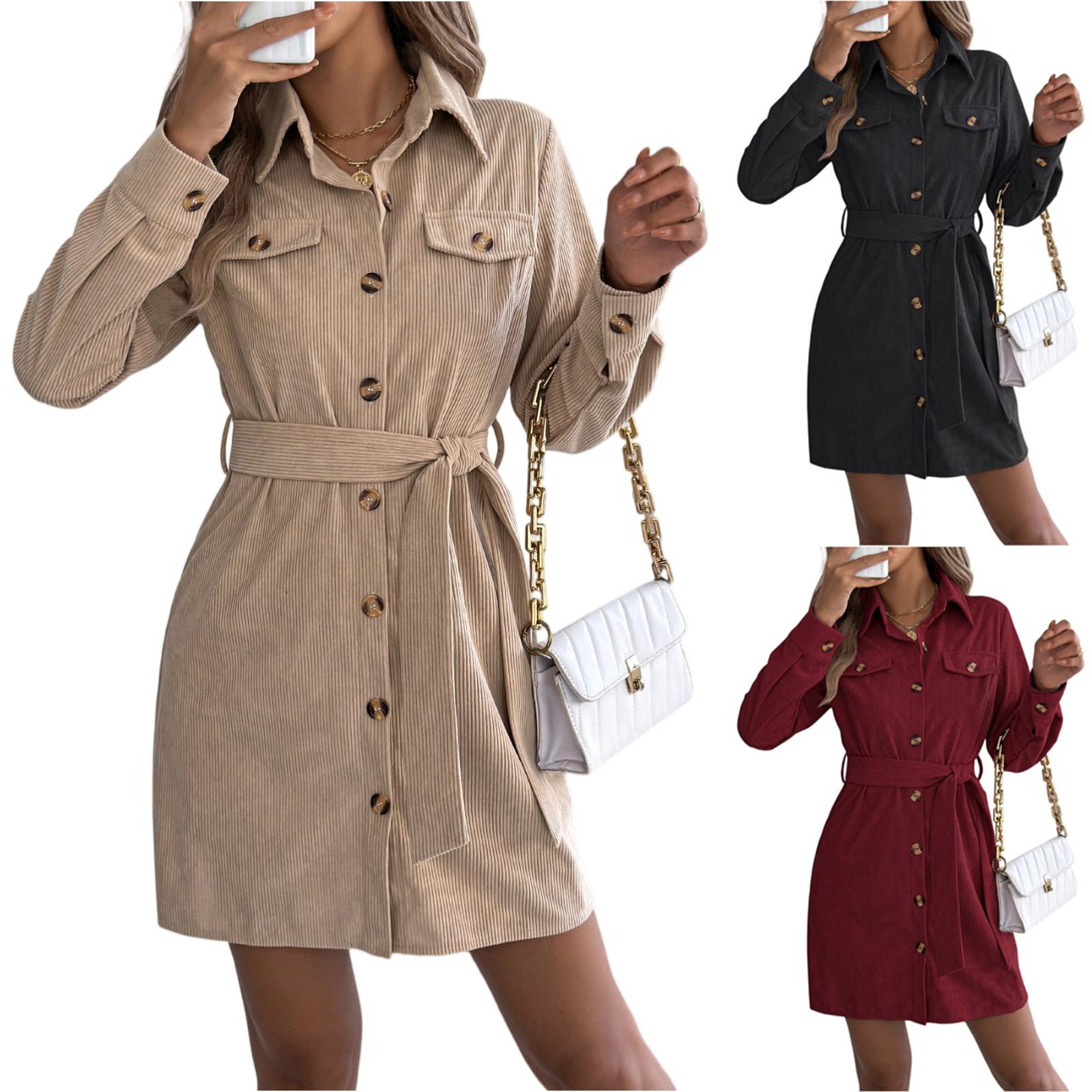 

Women s Fashion Casual Solid Color Single Breasted Long Sleeved Lace Shirt Dress S чорний