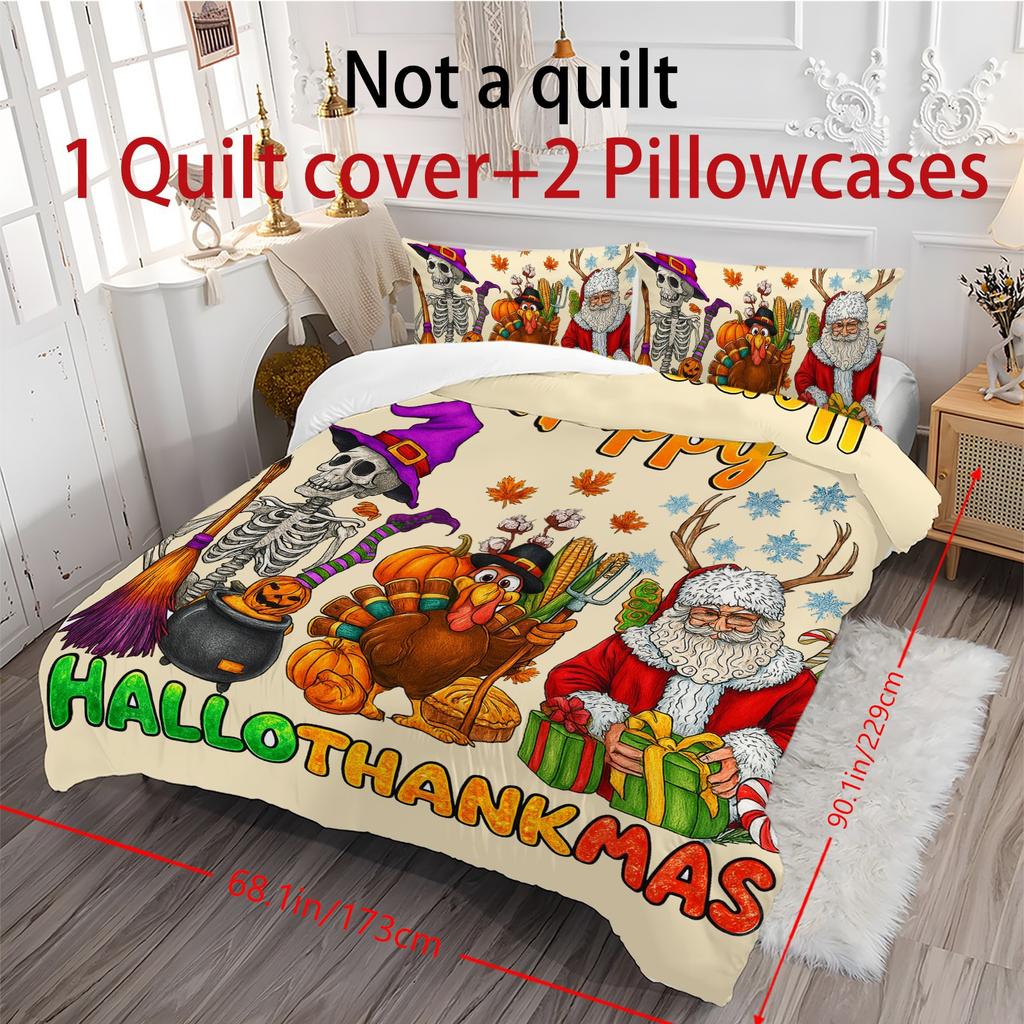 Duvet Cover Printed With Christmas Decoration Super Soft Brushed Microfiber Double Bed Comfortable Set With Zipper Closure And 2 Pillowcases