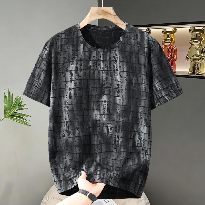 Men's Plus Size Grid Text Print T-Shirt – Textured Short Sleeve Casual Tee (Sizes 5XL-11XL) for Summer Streetwear