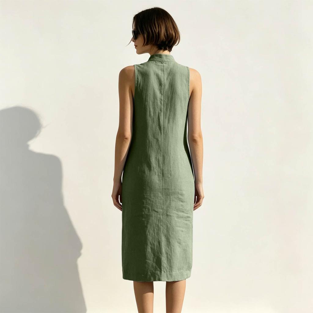 Sleeveless Loose Fit Summer Dress Midi Length Button Front Stand Collar Casual Lightweight Dress for Women