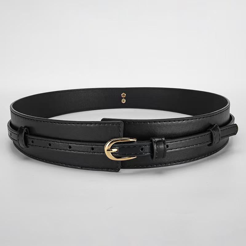Wide Waistband Double Strap Belt with Retro Metal Buckle for Women - Leather Accessory for Autumn/Winter Coats & Suits