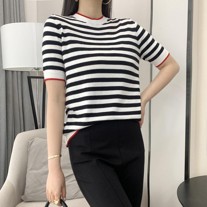 Crew Neck Knitted Striped Short-sleeved Summer New Age-reducing Meat Cover Loose Versatile Half-sleeved Bottoming Shirt Top