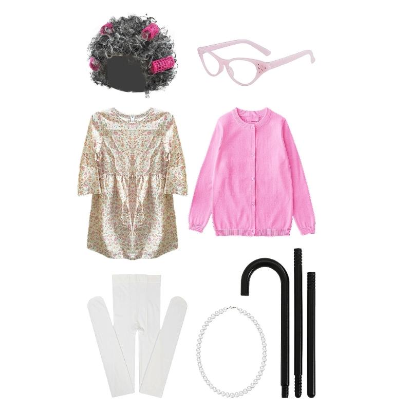 100 Days Of School Granny Costume Set For Kids Pink Floral Print A Line Dress With Long Sleeves For Halloween And Dance Parties