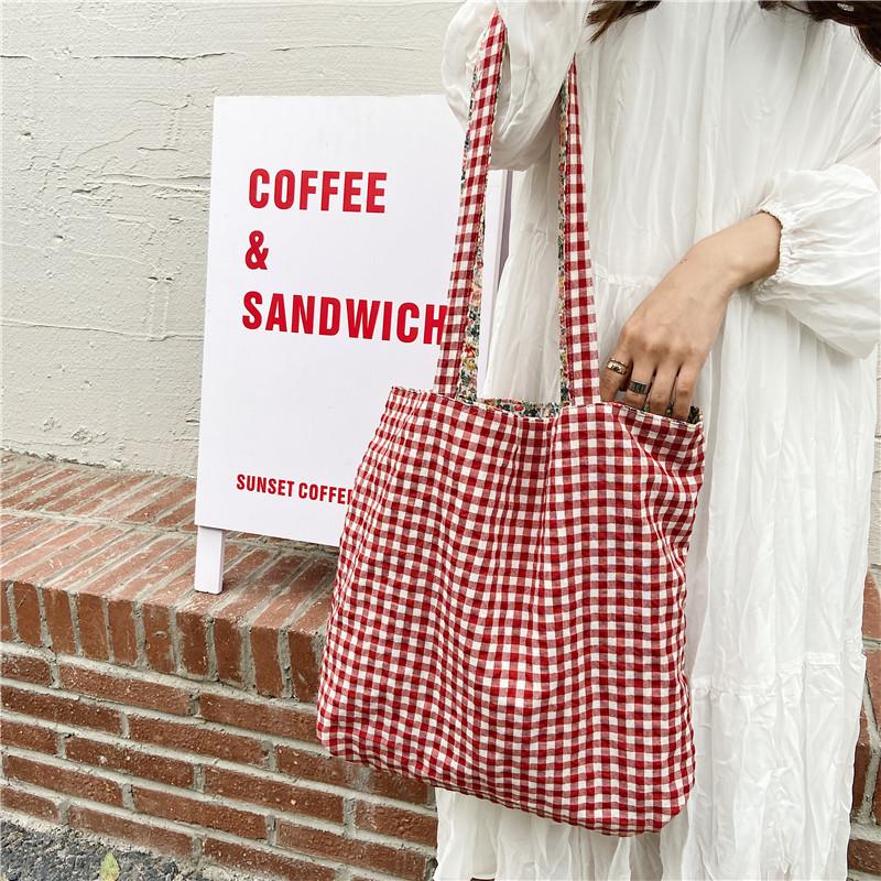 Casual Plaid Flower Women Shopping Bag Large Capacity Ladies Daily Tote Handbags Cott Cloth Double-sided Girls Shoulder Bags