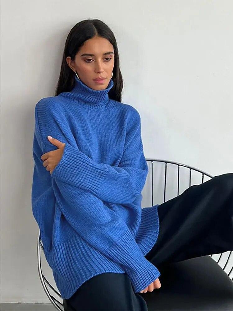 

Теплые вязаные свитера с капюшоном на молнии для женщин, модные пуловеры с длинными рукавами и шеей, осенние повседневные свободные офисные женские свитера, свободные спортивные топы, пуловеры L синий