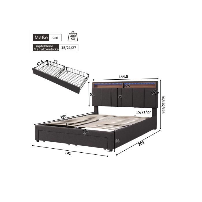 Bed - MUVOE - 140x190 Cm - Upholstered - LED Lighting - Storage Drawers