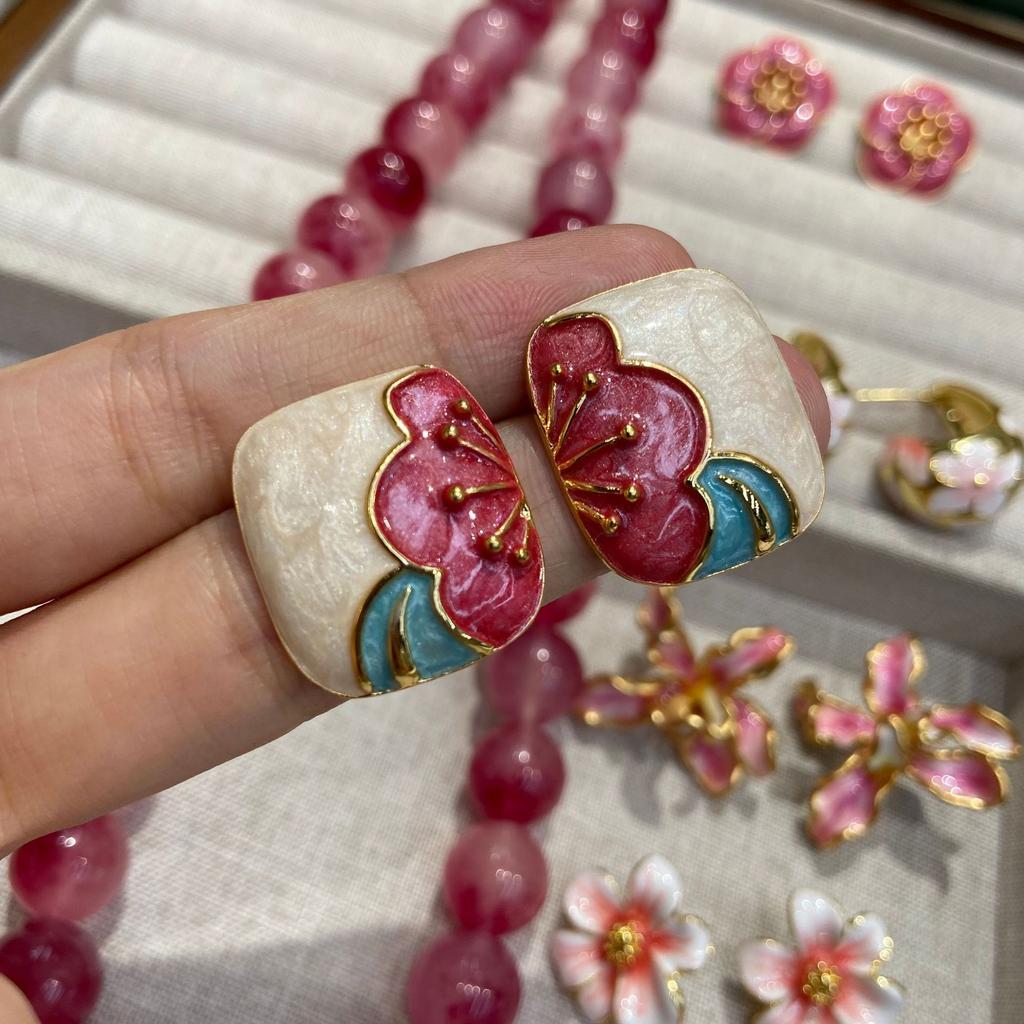 Natural Jade Brazilian Rose Stone Necklace 14Mm Pink Chalcedony Jewelry Set With Bright Color And Ruddy Luster For Women