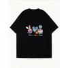 White Short Sleeve T-Shirt With Peace Sign Heart Globe Books And Apple Print For Casual Wear School And Daily Outfits