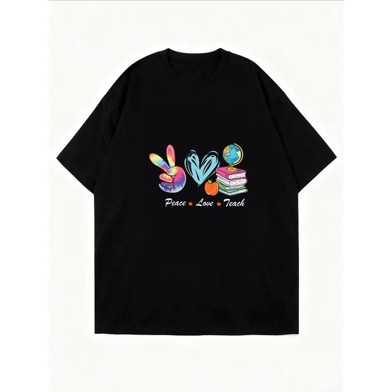 White Short Sleeve T-Shirt With Peace Sign Heart Globe Books And Apple Print For Casual Wear School And Daily Outfits
