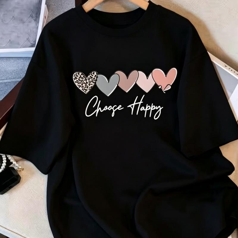 Minimalist Choose Happy Hearts T-Shirt Inspirational Quote Leopard Print Tee Loose Fit Crewneck Streetwear Top
