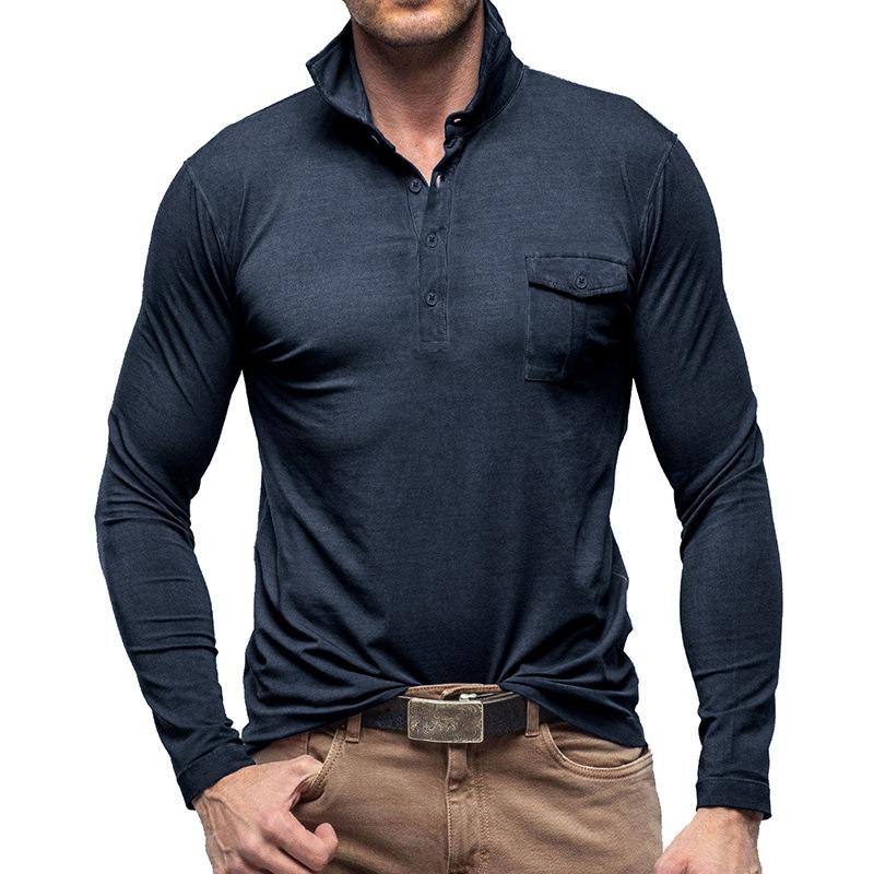 Mens Lapel Neck Business Polo Shirt Casual Long Sleeve Tee Tops Sport T Shirts