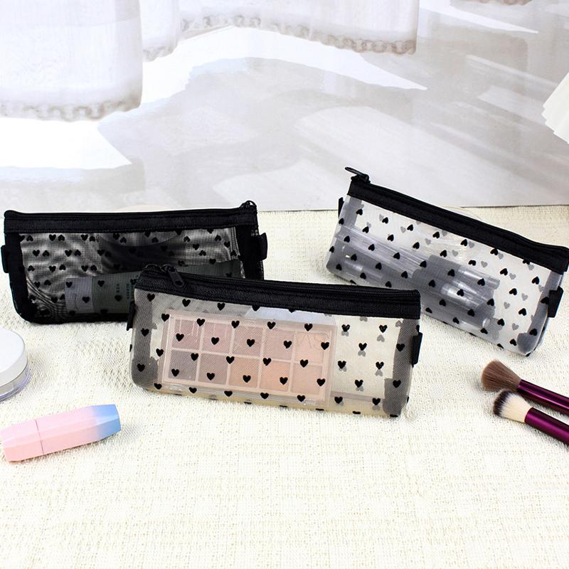 Mesh Pencil Case Cosmetic Makeup Bags Case Transparent Multifunction Organizer Folder Zipper Black Heart Pencil Case Storage Bag