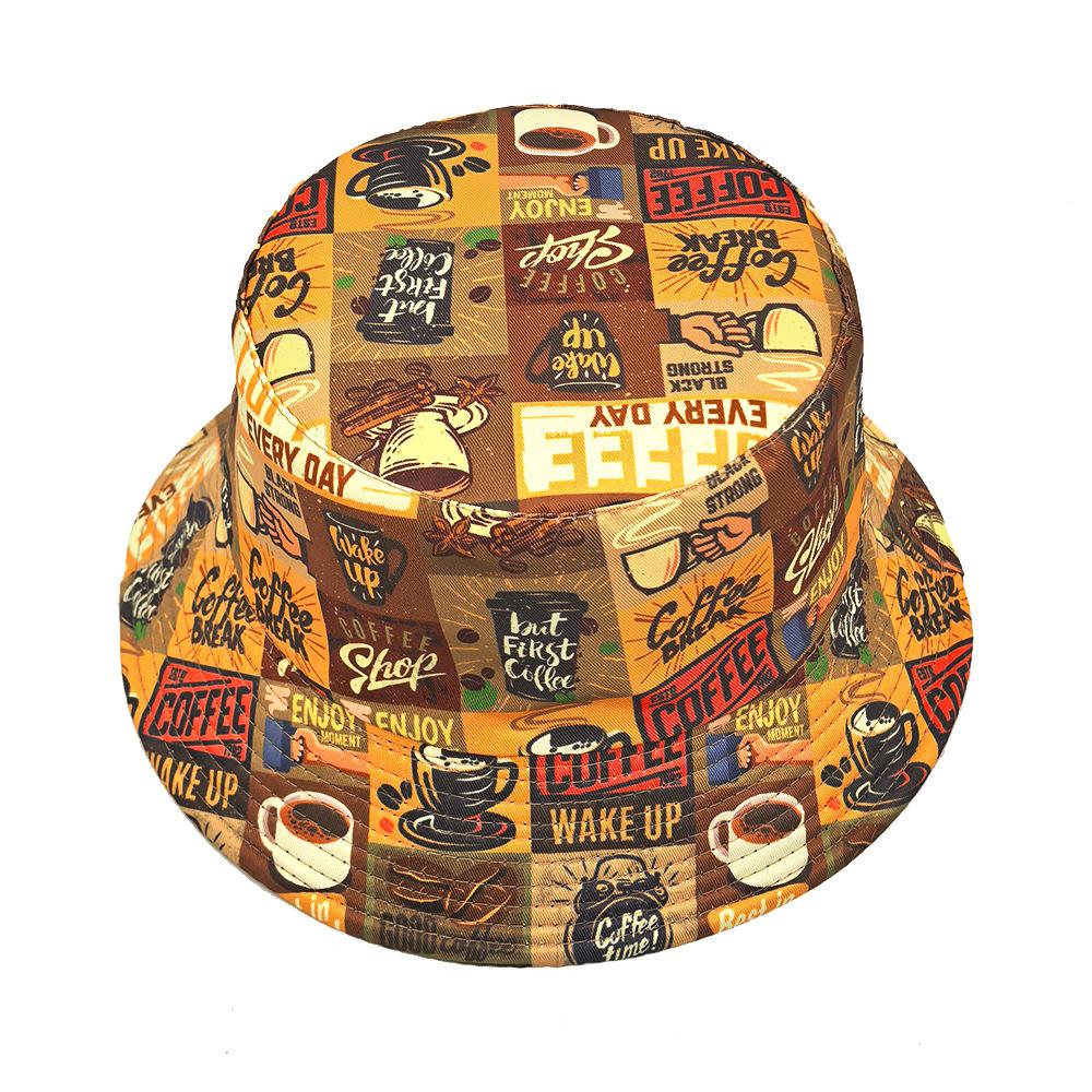 Cartoon Painting Coffee Bucket Hat Cap Printing Fisherman Hats Double Sides Panama Cap Unisex Outdoor New Style