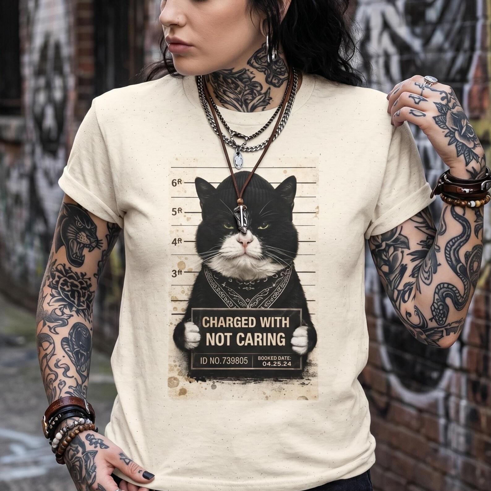 Mugshot Cat Shirt, Charged With Not Caring, Vintage Graphic Tee, Sarcastic Cat Lover Gift L