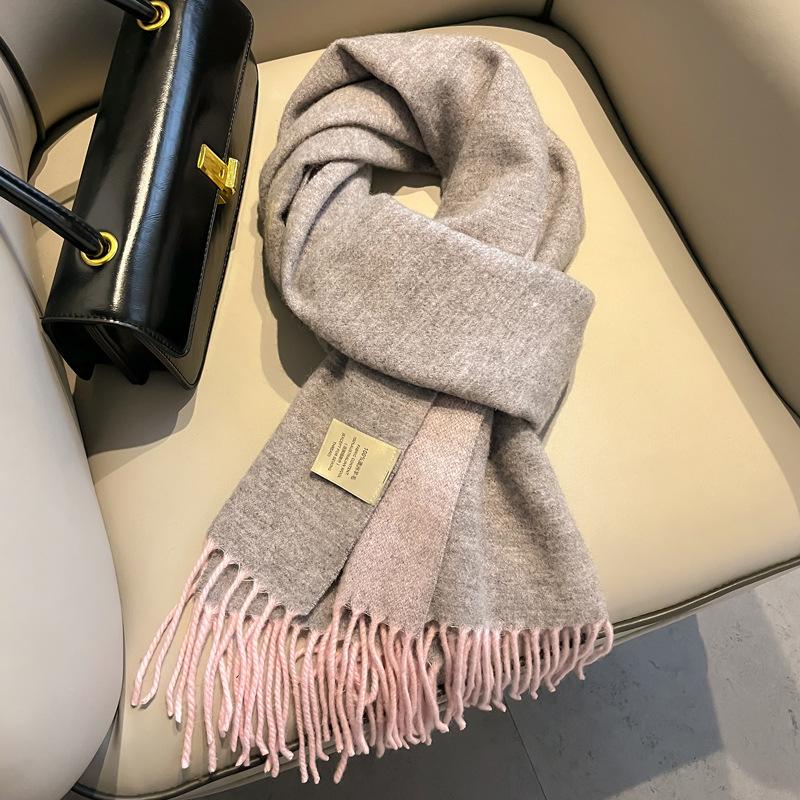 Gradual change color pure wool scarf women's winter versatile tassel long double-sided color large shawl dual-purpose new