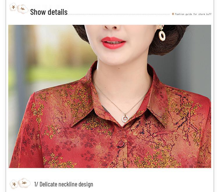 Mom's Summer Silk Printed Short-Sleeve Top for Mature Women