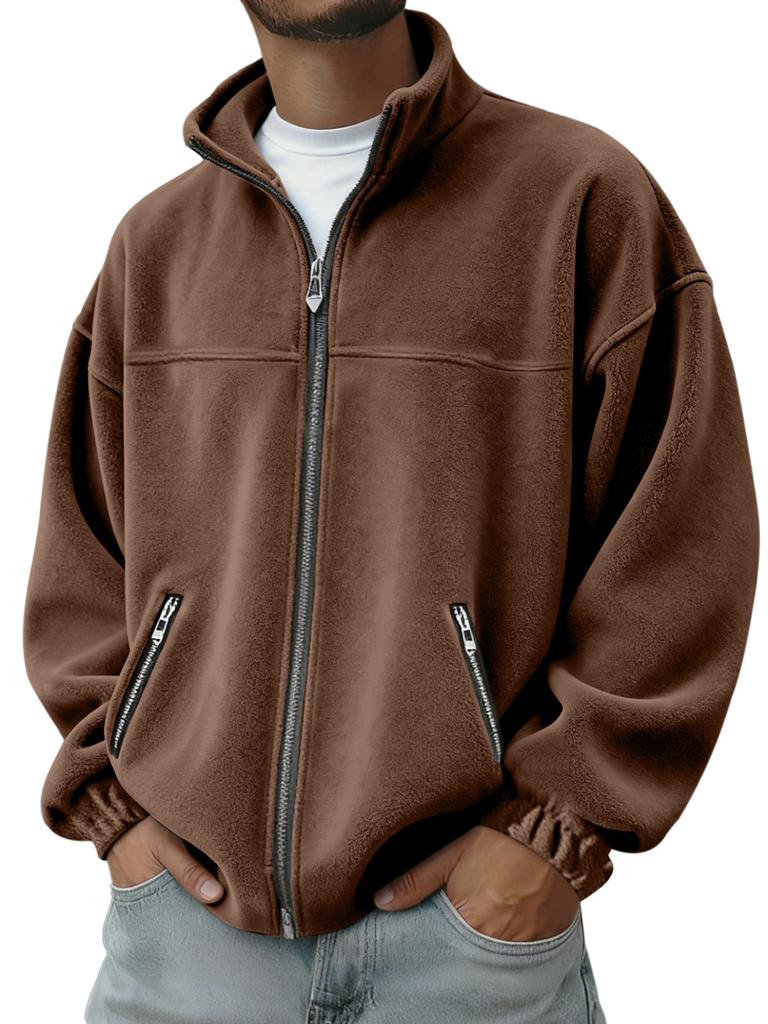 Fall Winter Men's American Style Stand Collar Zip Up Hoodie Casual Jacket Fleece Lined Warm Pullover