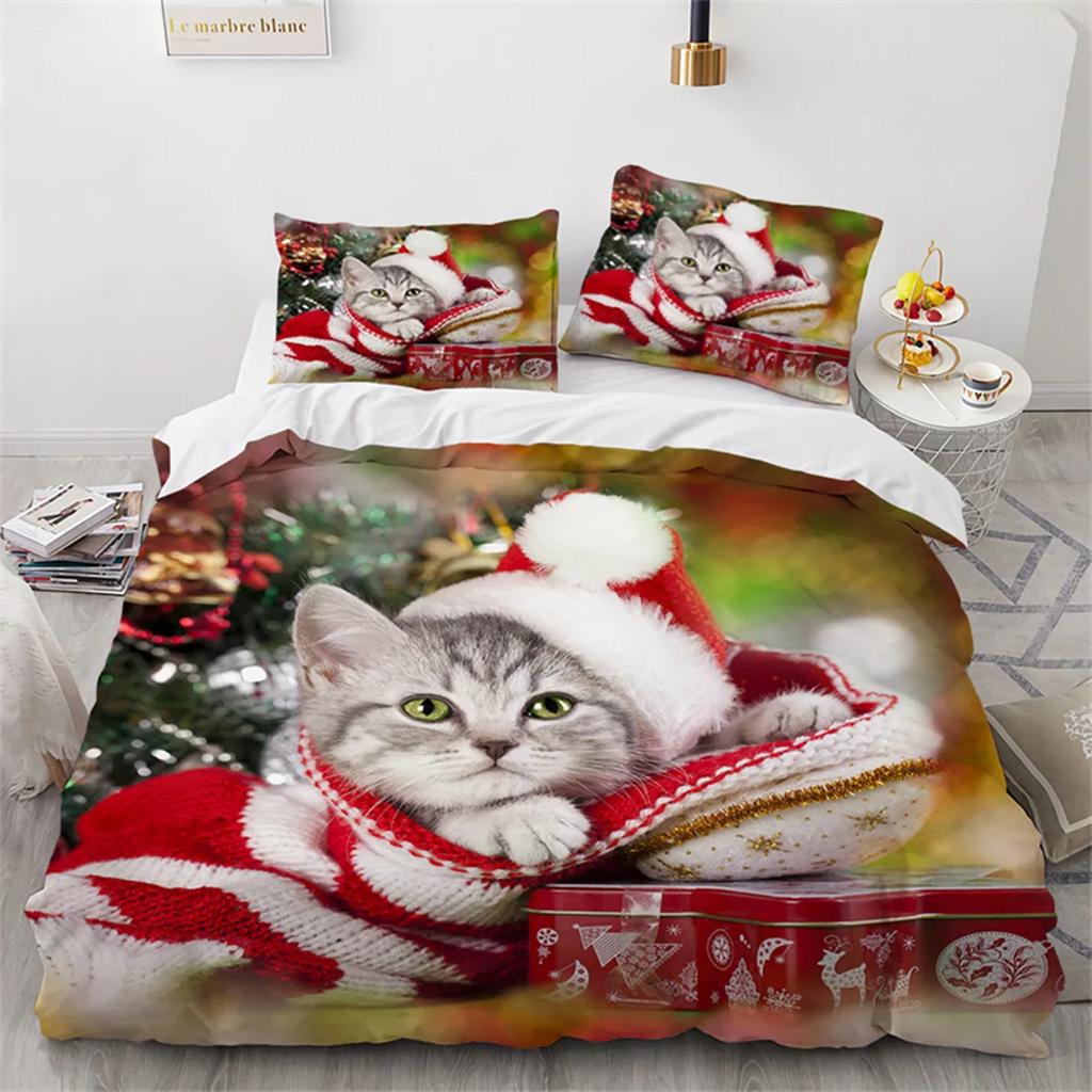 Christmas Cat Duvet Cover Merry Christmas Microfiber Cartoon Animal Santa Claus For Women Children Teen Gift Bedroom Decorations