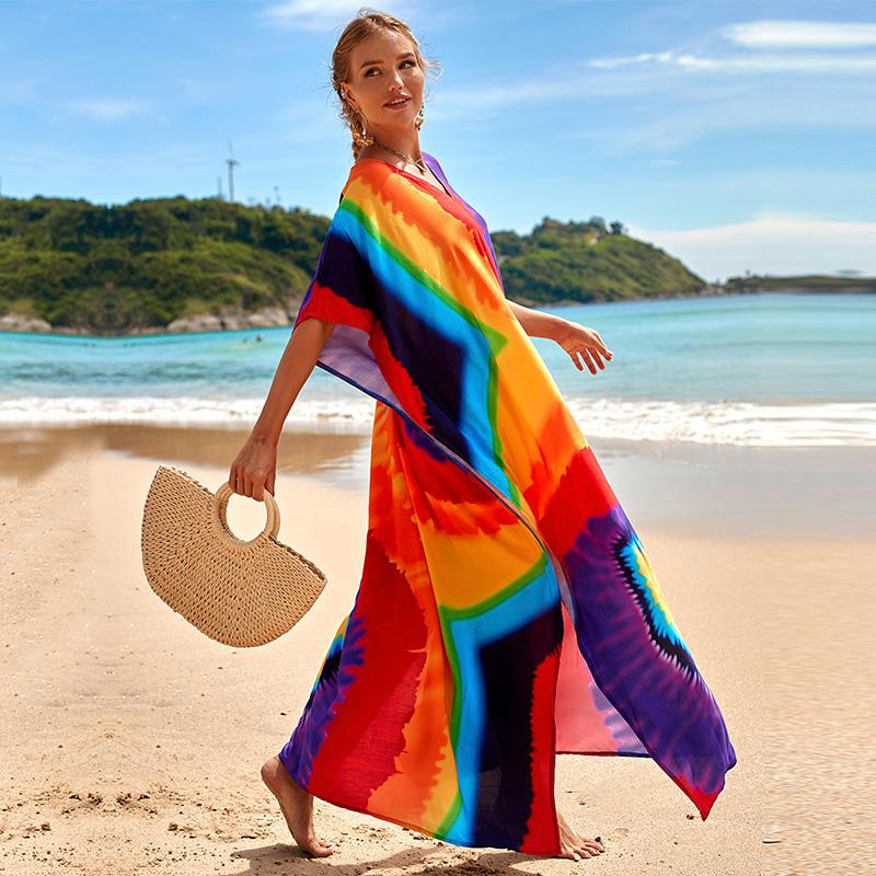 EDOLYNSA Různobarevné Kaftan Bohemian Potištěné Maxi šaty Batwing Sleeve Sleeve Sleeve Women Dámské plážové oblečení Polorukáv Maxi šaty Robe Q1342