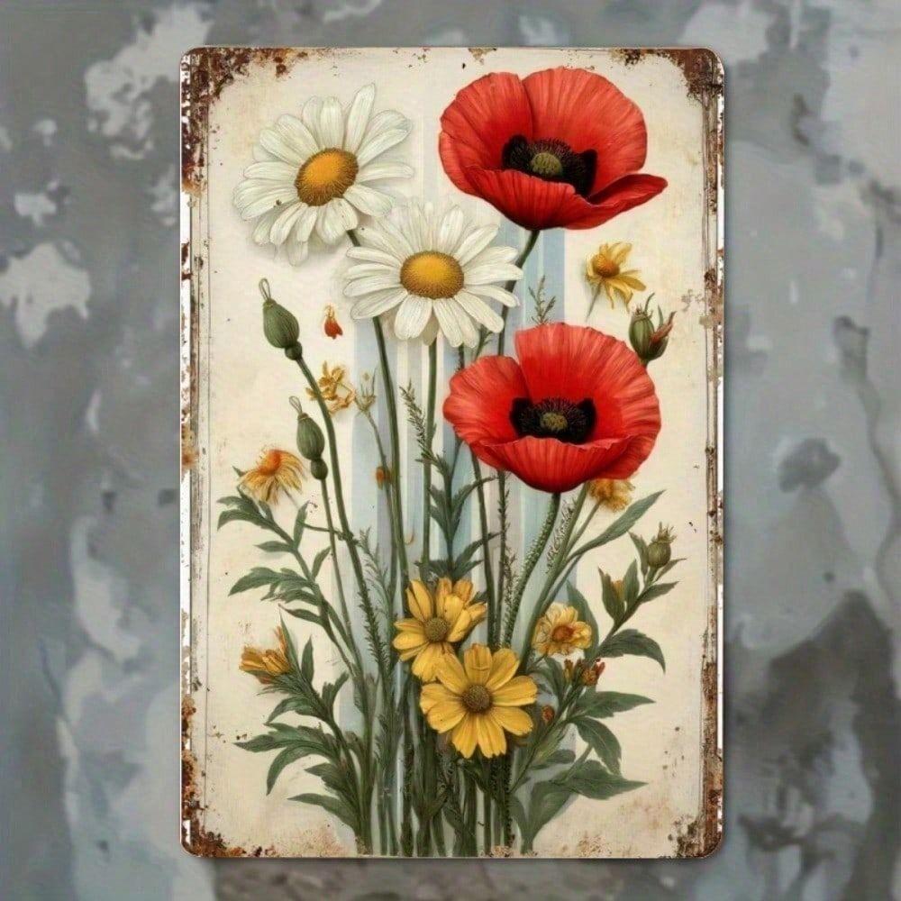Vintage Red Poppies White Daisies Metal Poster Wall Art 8x12 Inch