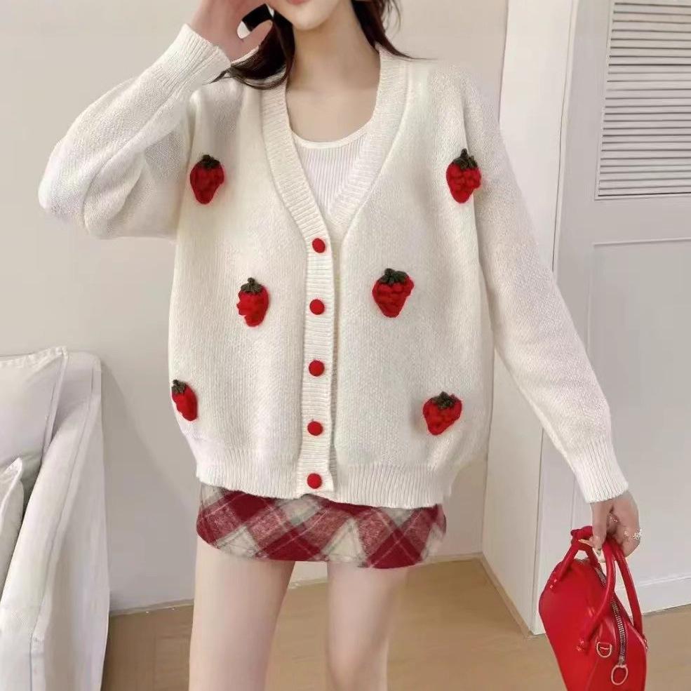 Autumn-Winter Strawberry Flower V-Neck Knit Sweater for Women