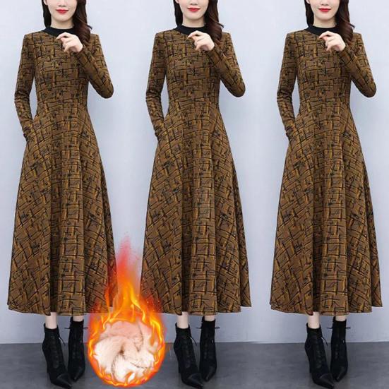 2024 Autumn Winter Women Dress Round Neck Thick Long Sleeve Printed Warm Soft A-line Loose Hem Pockets Mid-calf Length Mother Maxi Dress