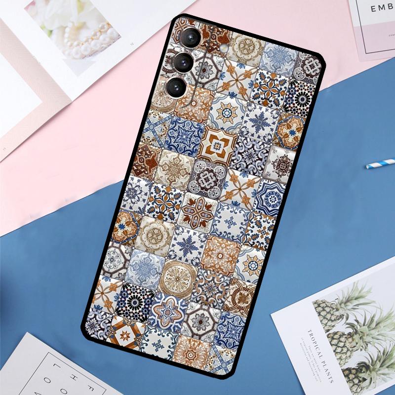 Boho Tile Mosaic Aesthetic Case For Samsung Galaxy S24 Ultra S20 S21 S22 S23 S25 Ultra S9 S10 Plus S25 FE Back Cover