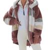 Womens Fashion Splicing Winter Loose Plush Long Sleeve Zipper Pocket Hooded Coat