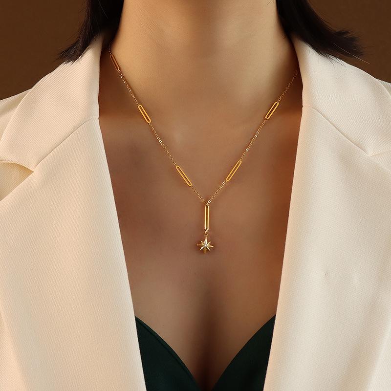 European Eight-Pointed Star Zircon Pendant Necklace, 18K Gold-Plated Titanium Steel with Tassel Lock Design for Women