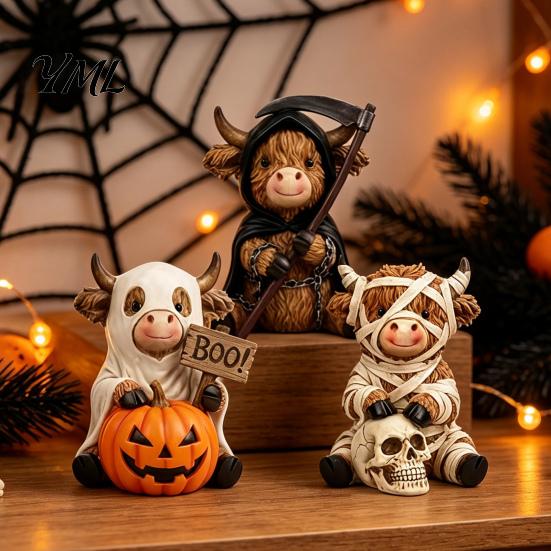 Matte Texture Animal Sculpture 3Pcs Halloween Highland Cow Figurines, Resin Cattle Statues of Grim Reaper, Dark Aesthetic Home Accessories Mummy