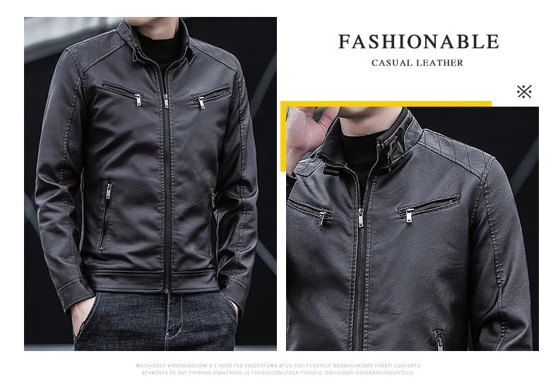 NOMSOCR Leather Biker PU Plus Men's Jacket, Outerwear, Blouson, Leather, Stand-Up Collar, Windproof, Simple, Sizes, Spring/Autumn (XL, Black)