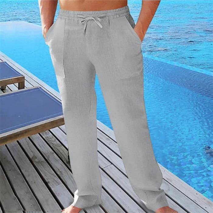Cross-border men's casual summer breathable pants waist drawstring pockets cotton and linen trousers beach pants