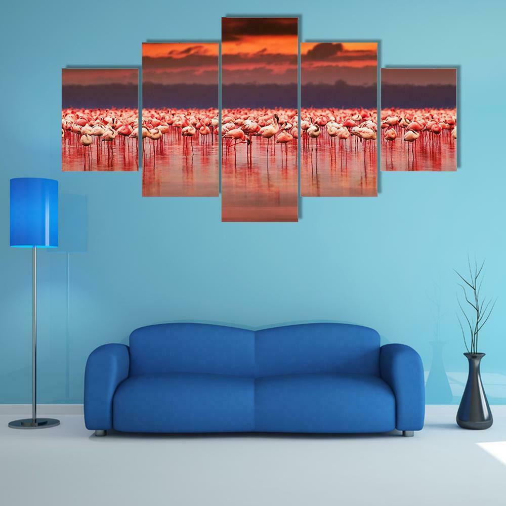African Flamingo Lake 5 Panel Canvas Picture Print Wall Art Canvas Painting Wall Decor for Living Room Poster No Frame