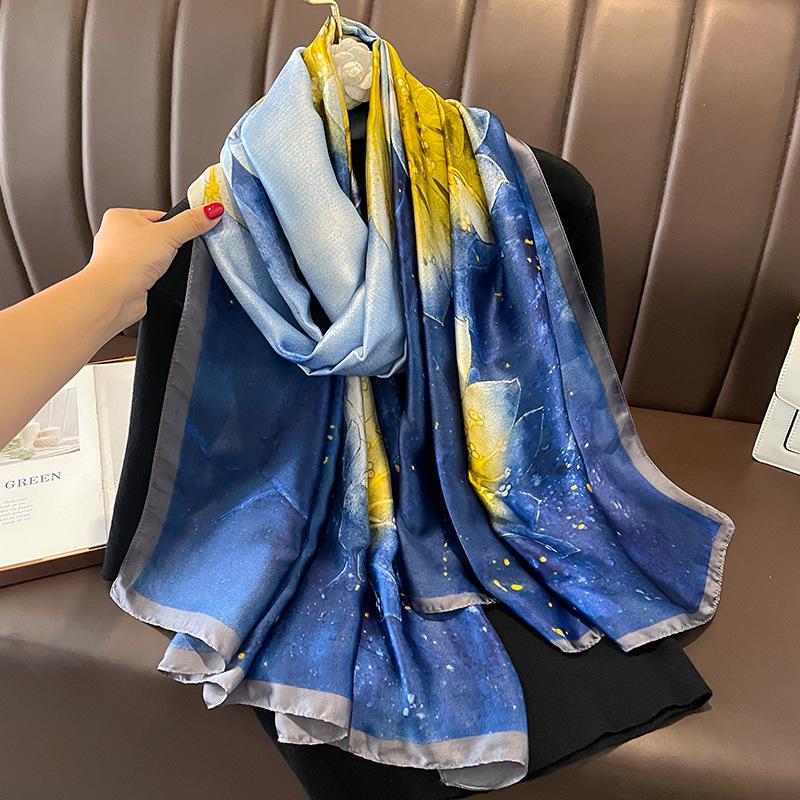Painting Floral Design 100% Silk Feeling Scarf For Women 180X90Cm Shawl Wraps Luxury Female Hijab Headband Foulard Beach Stoles