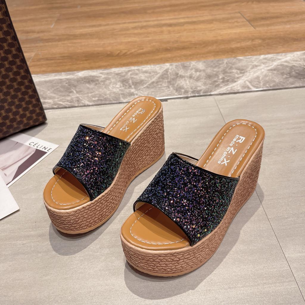 Summer Women Fashion Sexy High-heeled Thickened Outdoor Sandals, Leisure Retro Ethnic Fish Mouth Open-toed High-heeled Slippers