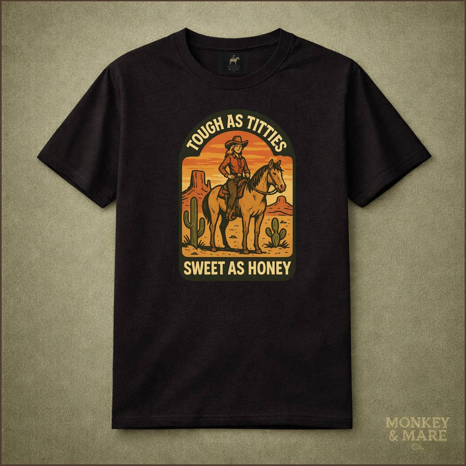 Cowgirl On Horse Shirt, Tough As Titties Sweet As Honey, Retro Western Rodeo Tee 4XL