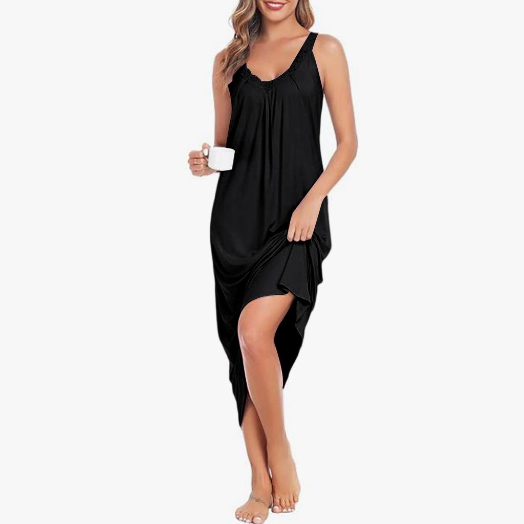 Women's Soft Long Elegant Lace V-Neck Home Clothes Sexy Loose Sleeveless Casual Dress