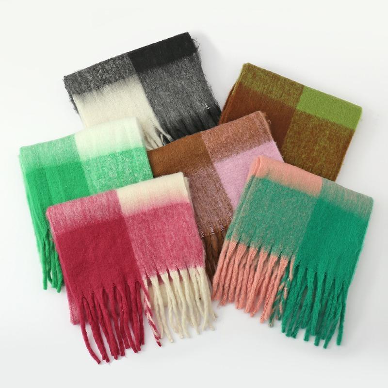 Autumn and Winter Mohair Thick Beard High-end Women's Scarf Multi-color Plaid Warm Versatile Scarf Shawl Retro